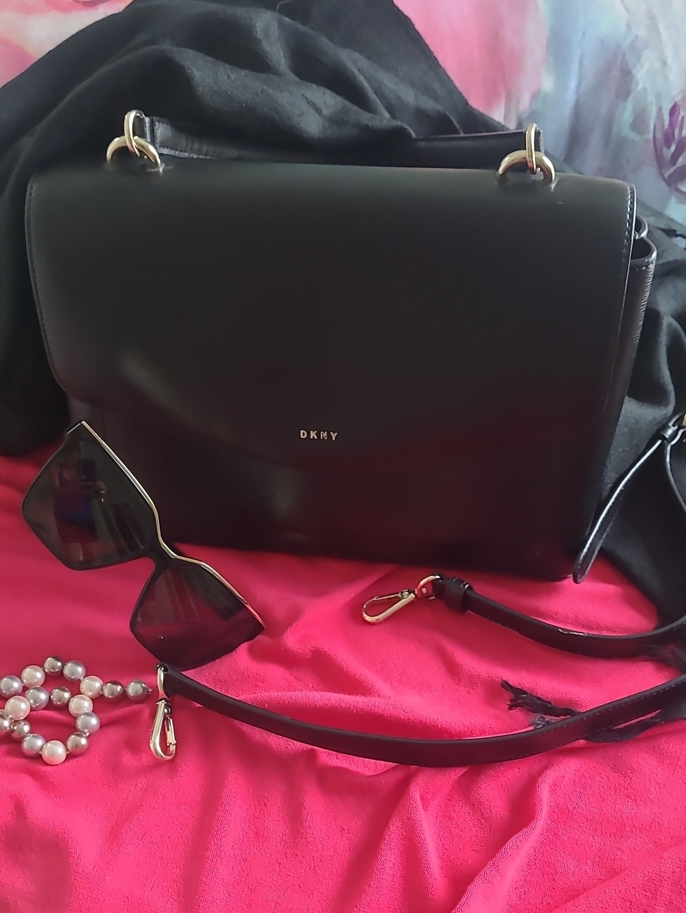 DKNY Black Leather-like Satchel with Gold Hardware And Shoulder Strap